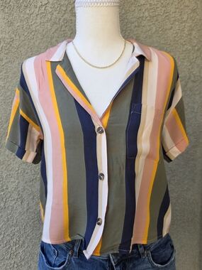 Hollister Multicolor Vertical Stripe Short-Sleeve Button Down
